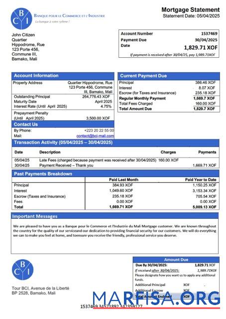 Downloadable Mali Banque pour le Commerce et l'Industrie du Mali (BCI Mali) mortgage statement Word and PDF template